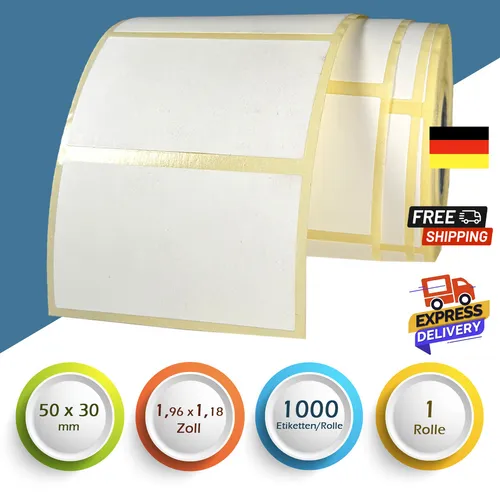 Thermo Etiketten Rolle Selbstklebend 50x30mm, für Phomemo, Zebra, Klebeetiketten