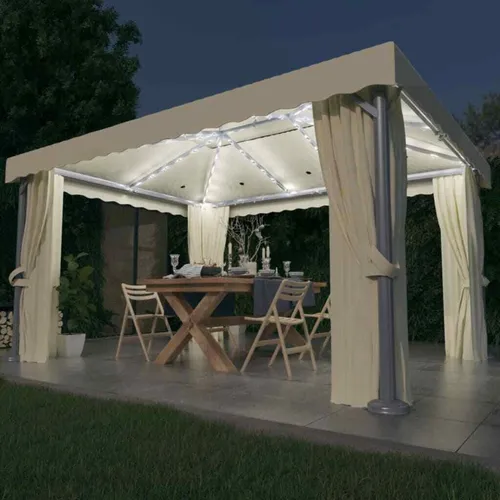 vidaXL Pavillon mit Vorhängen und LED Lichterketten - Gartenpavillon 3x3m in Cremeweiß, ideal für Gartenpartys und Grillabende, mit stabilem Aluminiumgestell und schützendem Polyestergewebe.