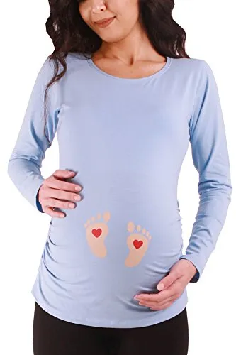 M.M.C. Baby Fußabdrücke Umstandsshirt - Süßes Schwangerschaftsshirt mit Herzmotiv - Stylisches Schwangerschaftsshirt in Babyblau mit seitlichen Raffungen für optimalen Tragekomfort. Ideal für werdende Mütter, aus 95% Baumwolle und 5% Elasthan gefertigt.