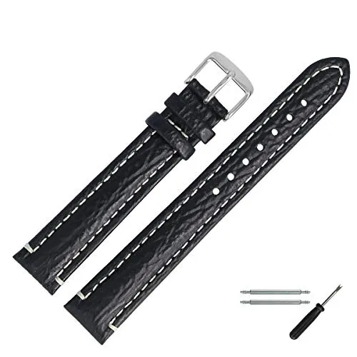 MARBURGER Uhrenarmband 20mm Leder Schwarz Silber XL Hai Prägung Mit Naht - Montage Set 6822010000120