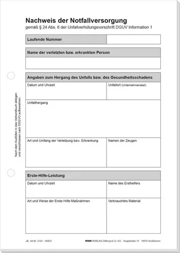 RNK Verlag Formularblock Nachweis der Notfallversorgung A5 50 Blatt