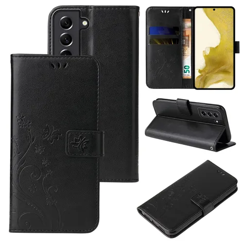 Handy Tasche für Samsung Galaxy S22 Handyhülle Blumen Buch Cover Case Schwarz
