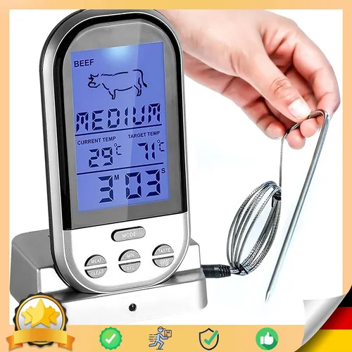 Retoo Grillthermometer Kabellos - Präzises Bratenthermometer für Fleisch - Bratenthermometer mit 8 Fleischarten-Modi und präziser Edelstahlsonde. Timer-Funktion und gut lesbares LCD-Display für müheloses Grillen und Braten.