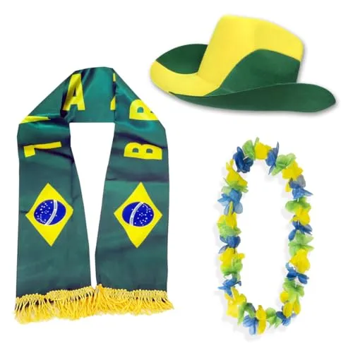 Sonia Originelli Fanset Fanartikel Fanhut Blumenkette Fanschal WM EM Farbe: Brasilien