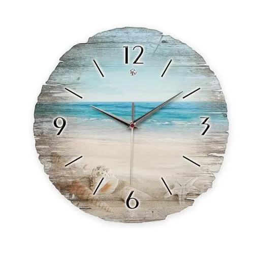 Kreative Feder Runde Wanduhr „Südsee-Strand“ aus Naturholz mit flüsterleisem Uhrwerk; Durchmesser 30cm (Südsee-Strand, leises Funkuhrwerk)