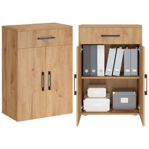 Bellamio Mehrzweckschrank Apol – 88 cm hoch, 2 Fächer & 1 Schublade in Eichenoptik - Der Mehrzweckschrank »Apol« von Bellamio bietet durchdachten Stauraum für Büro, Küche oder Flur. Mit höhenverstellbarem Einlegeboden und robuster, kratzfester Oberfläche vereint er Funktionalität und elegantes Design.