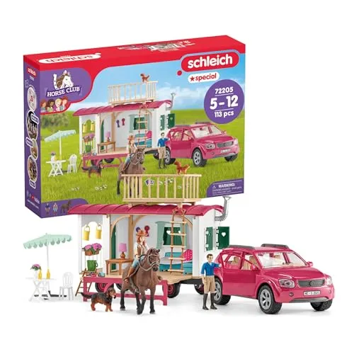 SCHLEICH Horse Club | Campingtrip mit dem Wohnwagen 72205 | Spielset aus Wohnwagen, SUV, 2 Figuren, Pferd & Hund Pferde Zubehör | Spielzeug ab 5 Jahren | 113 Teile | exklusiv bei Amazon