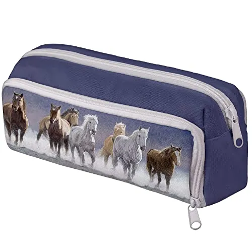 Ferocity Mäppchen Federtasche 3 Fach Bunte Federmäppchen Schüleretui Stiftemappe mit Reißverschlüssen Netztaschen und Gummiband Stiftehalter Pferde [152]