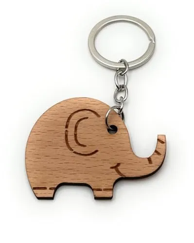 H-Customs Elefant Dickhäuter Tier Schlüsselanhänger Anhänger aus Holz Beige
