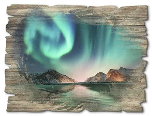 ARTland Wanddeko Bild aus Holz Holzbild vintage Deko 40x30 cm Querformat Natur Nordlicht Polarlicht Norwegen Berge Landschaft Türkis T9SZ