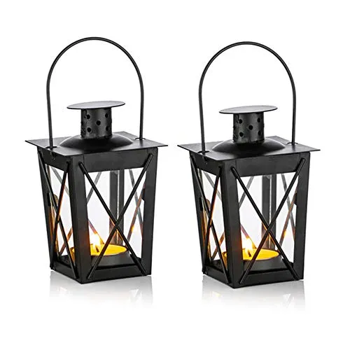 NUPTIO 2 Stück Lanterne en Verre à Terre Suspendue, Portable, Petite Rétro de Fer, Suspension de Décoration D'Intérieur Cour, Schwarz Laternen für Draußen, Windlicht Glas