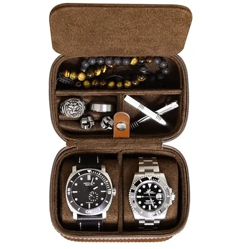ROTHWELL 2 Uhren Reiseetui Aufbewahrungsorganizer für 2 Uhren | Robuster tragbarer Schutz mit Reißverschluss für alle Armbanduhren und Smartwatches bis zu 50 mm (Tan/Braun)