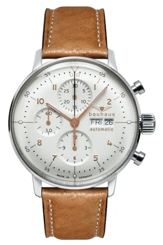 Bauhaus 2018-1 Automatik Chronograph Herrenuhr, Edelstahl Silberfarben, Weiß, Leder Braun