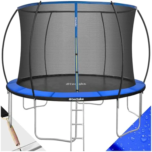 tectake® Trampolin Ø 366 cm - GS-zertifiziert mit Randabdeckung und Einstiegsleiter - Trampolin für höchsten Spielspaß im Garten, ausgestattet mit einem elastischen Sicherheitsnetz für 100% Rundumschutz und ungetrübte Freude beim Springen.