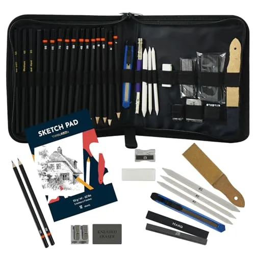 Tavolozza Art Supplies 34-teilige Skizzenstifte und Zeichnungsset in Einer Reisetasche - Enthält Bleistifte, Kohlestifte, Kohlestifte, Radiergummis und weiteres Zubehör