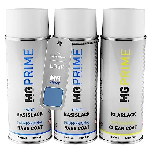 MG PRIME Autolack Sprühdosen Set für Volkswagen VW LD5F / D5F / 2P Blue Dusk Metallic Grundlack Basislack Klarlack Spraydose 400ml