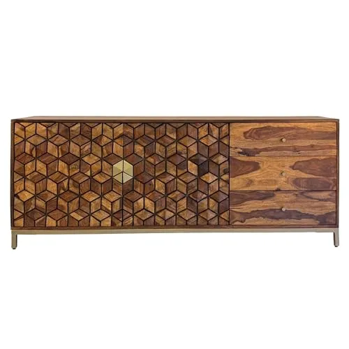 Wohnling Sideboard Sheesham Massivholz 180 cm, Anrichte mit 2 Türen & 3 Schubladen, Modernes Design mit geometrischem Muster, Kommode Wohnzimmer Esszimmer, Goldfarbenes Metallgestell