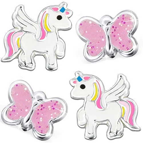 Paar Einhorn Glitzer Schmetterling Set Ohrstecker 925 echt Silber Mädchen Kinder Ohrringe (Schmetterling Nr.1 + K315o) 2