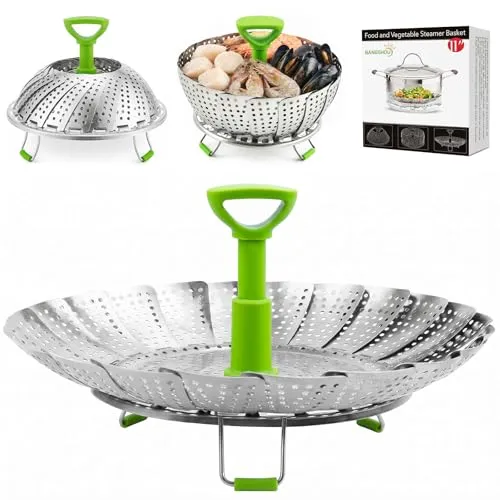 BangShou Edelstahl Dampfgarer, Einstellbar Dünsteinsatz mit ausziehbarem Griff für Gemüse und Obst, faltbarer Körbchen rostfrei geeignet für Spülmaschinen Baby-Nahrung(18-28cm)