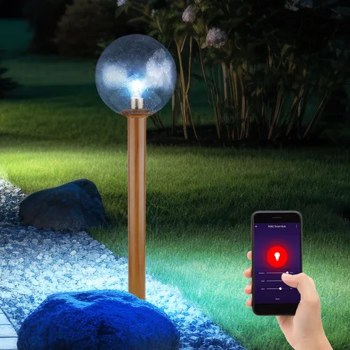 Smart LED Stehlampe Außen - Dimmbar und App-Steuerung - Lampen - Diese elegante Außenleuchte mit Holzoptik bietet RGB Farbwechsel, ist spritzwassergeschützt und kann bequem per App oder Sprachsteuerung bedient werden. Ideal für Garten und Terrasse.
