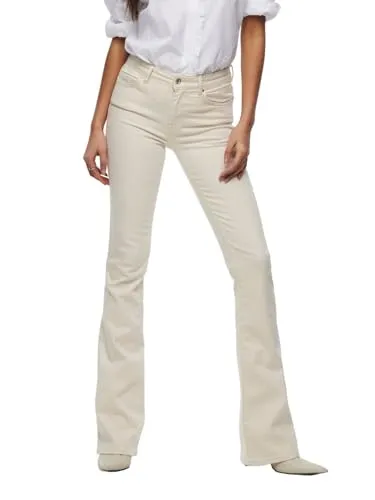 ONLY Damen Jeans 15230778 Ecru XS-32 - Flared Fit Jeans aus elastischem Baumwoll-Denim für optimalen Tragekomfort. Mid-Waist und Ecru-Finish für einen modernen, unbedruckten Look.