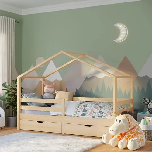 Bellabino Hausbett Abia 90x200 cm mit Rausfallschutz - Abenteuerbett für Kinder ab 3 Jahren, mit stabilem Massivholzrahmen, inkl. Lattenrost und zwei praktischen Schubladen für optimalen Stauraum.