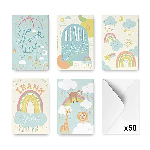 Rileys & Co Dankeskarten mit Umschlag - je 50 Stück - 5 verschiedene Designs - hochwertige Thank You Cards - Perfekt als Karten mit Dankeschön für Hochzeit, Geburtstag & mehr - DIN A6 (Klassisch)
