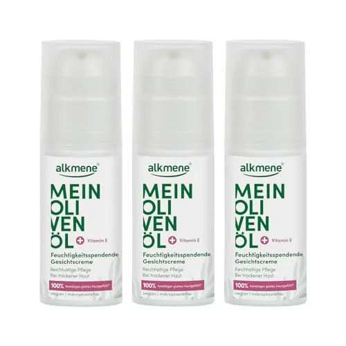 alkmene Gesichtscreme für trockene Haut 3x50ml - 100% glattes Hautgefühl mit Olivenöl - Tagespflege für trockene Haut - Die vegane Gesichtscreme mit Olivenöl und Vitamin E spendet intensiv Feuchtigkeit und reduziert Spannungsgefühle, ideal für ein geschmeidiges Hautgefühl.
