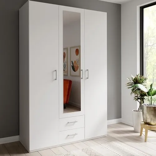 Forte ECONOBOX 2 Kleiderschrank mit Spiegel und Schubladen - Moderner 3-türiger Drehtürenschrank aus Holzwerkstoff in Weiß, mit hochwertigen Scharnieren für eine langfristige Nutzung. Inklusive Montageanleitung für eine einfache und stressfreie Aufbau. Perfekt für jedes Schlafzimmer.