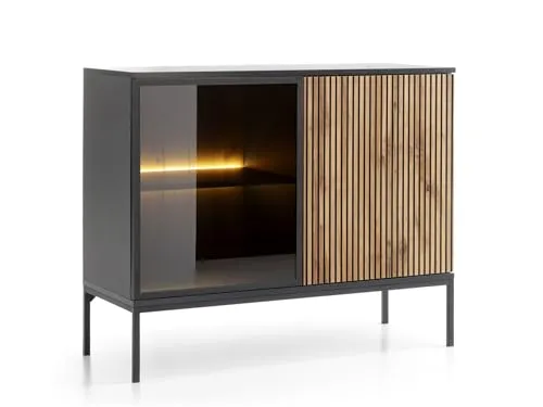 Emporius Haller Kommode mit Lamellen, Schwarz, Wohnzimmer Kommode mit LED - Loft Stil, Sideboard 2-türig - 104 cm breit