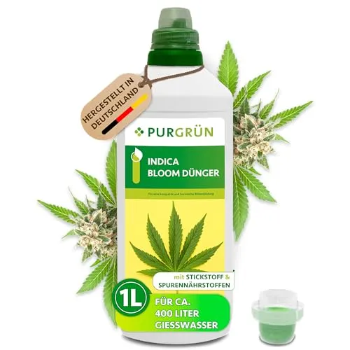 Purgrün Indica Bloom Dünger 1L - Flüssigdünger für Indoor & Outdoor, speziell für Indica-Pflanzen. Fördert intensive Blütenbildung durch optimale Nährstoffversorgung mit hohem Phosphor- und Kaliumgehalt.