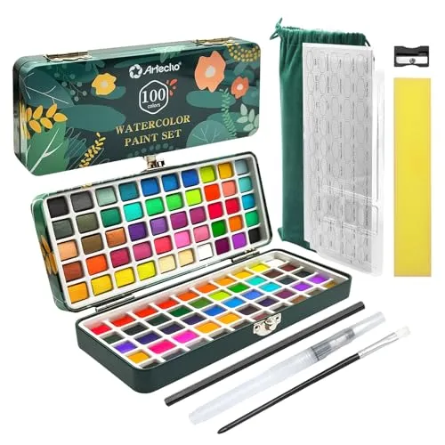 Artecho Aquarellfarben Set - 100 Farben in Tragbarer Box - Malsets mit 100 intensiven Farben, ideal für Reisen und kreative Projekte. Inklusive Pinsel, Aquarellpapier und Zubehör, perfekt für Künstler und Hobbymaler.