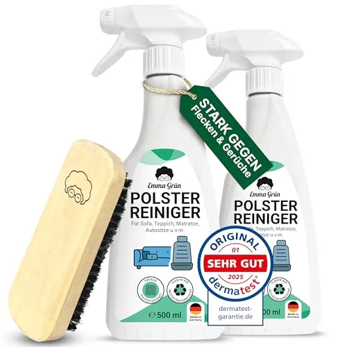 Emma Grün® Polsterreiniger 2x500ml - Nachhaltig & Anti-Geruch für Sofa, Couch & Autositze - Polsterreiniger für Sofa, Couch & Autositze mit kraftvoller Formel und hochwertiger Polsterbürste. Entfernt tiefsitzende Verschmutzungen und sorgt für frischen Nadelduft.