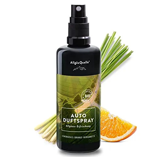 AllgäuQuelle® Auto Duftspray | Der Bio Auto-Duft als natürlicher Auto-Duftspender mit Lemongrass, Orange u. Bergamotte | ideales Auto Zubehör für Auto Innenraum und Wohnmobil