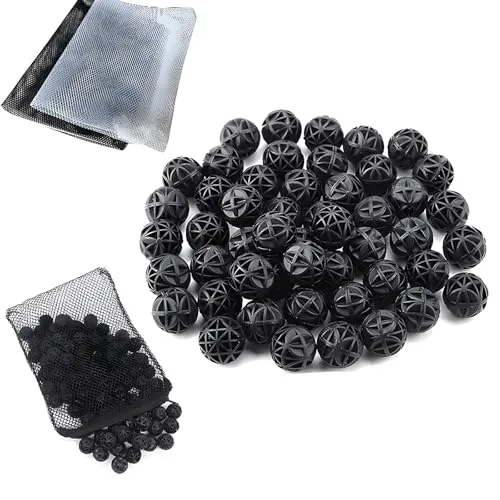 CESFONJER 35 Stücke Bio Filterbälle Filtermedium BalanceBalls Bio Poröse Filter Biochemische Ball | Durchmesser von 26 mm, reduziert Anzahl Wasserwechsel, 2 Stücke Aquarium Filtertüten 15x20CM