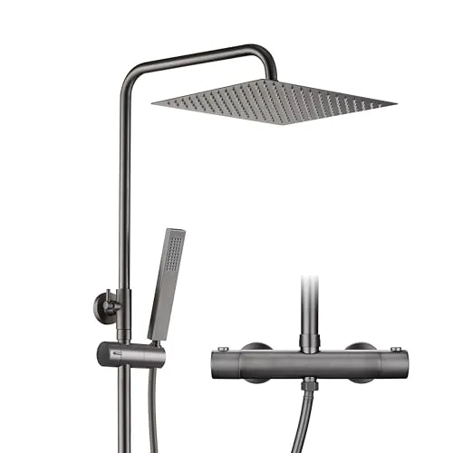 Görbach Thermostat Duschsystem mit Duscharmatur Komplettset, Regendusche Duschset mit Edelstahl Duschstange, Wassersparend,Kopfbrause 25x25cm Gunmetal Grau