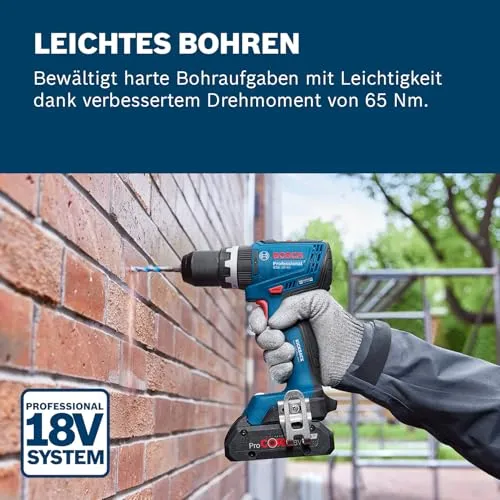 Bosch Professional 18V System Akku-Bohrschrauber GSB 18V-65 (bürstenloser Motor, Kopflänge 175, inkl. 2x Akku 2.0Ah, GAL 18V-40 Ladegerät, 1x Schraubendreher-Set, L-BOXX)