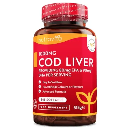 Lebertran Kapseln 1000mg - 365 Fischöl Kapseln - Hochwertiges Fish Oil - Hochdosiert Cod Liver Oil + Omega 3, Vitaminen A, D & E - Unterstützt die Herz- und Gehirngesundheit - Nutravita