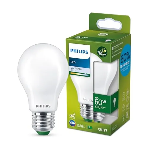 Philips LED-Lampe A60 Standard 4W/840 (60W) matte E27 - Energieeffiziente LED-Lampe mit 4W, ersetzt 60W Glühlampe, sorgt für warmweißes Licht und hat eine lange Lebensdauer.