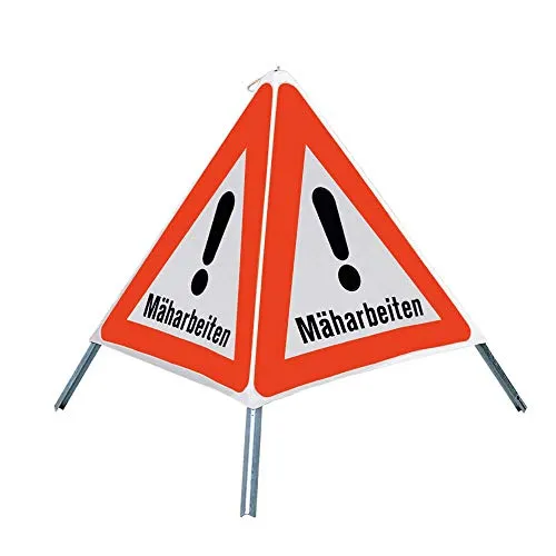 NISSEN Faltsignal mit Warnsymbol Mäharbeiten, weiß tagesleuchtend, SL 70 cm, Art.-Nr. 167060-1 | Faltsignal | Warnpyramide | Warnsymbol
