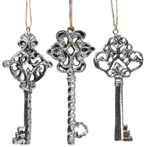 Deko Schlüssel Set Antik Silber 10cm Shabby Chic 3er Pack, 3 Stück