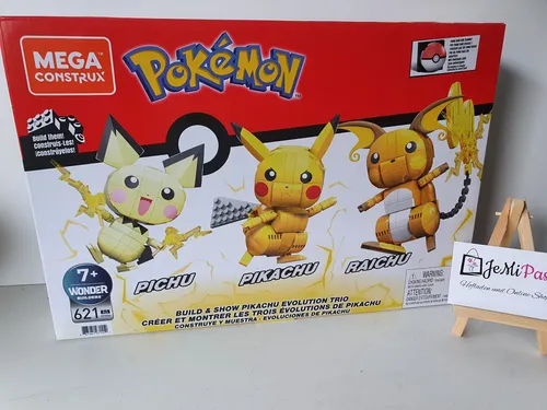 Mattel GYH06 - Mega Pokémon Trio: Pichu, Pikachu, Raichu - Konstruktionsspielzeug mit 621 Teilen für kreative Pokémon-Fans ab 7 Jahren. Baue und zeige die Evolution von Pikachu in einem tollen Set!