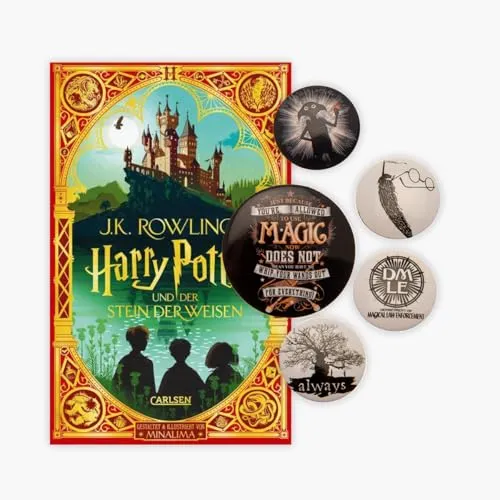 Harry Potter und der Stein der Weisen: farbig illustrierte Prachtausgabe mit Goldprägung von MinaLima + 1 original Harry Potter Button