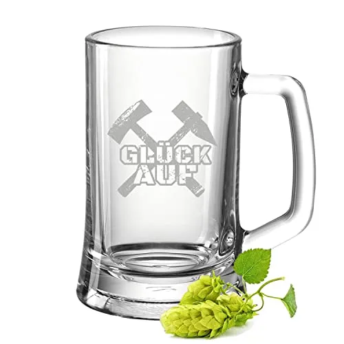 GRAVURZEILE Bierkrug mit Gravur - Glück auf Schlägel + Eisen - Geschenk für Bergmänner - schönes Geburtstagsgeschenk für alle Zeche & Bergbau Männer - Erinnerungsgeschenk Zeche Bergbau 0,5 L