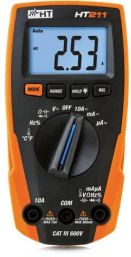 HT Instruments HT211 Hand-Multimeter digital CAT III 600V - Präzises digitales Multimeter mit 4000 Counts, ideal für Elektroinstallationen. Das große hintergrundbeleuchtete Display sorgt für optimale Lesbarkeit, auch bei schlechten Lichtverhältnissen.