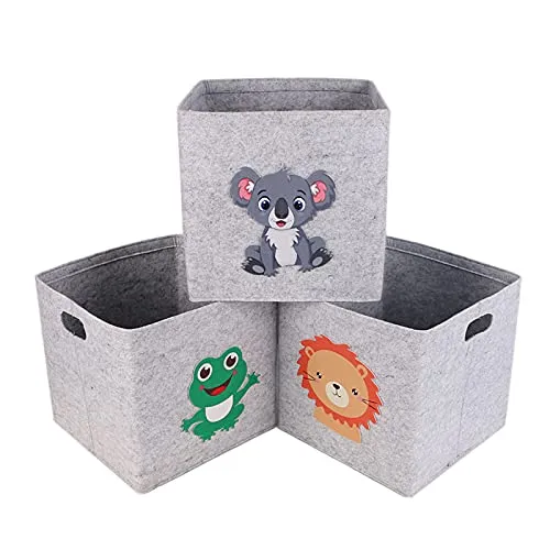 HRB 3er Set Aufbewahrungsbox Kinder aus Filz, Aufbewahrungskorb passend für Regal, Körbe versehen mit niedlichen Kindermotiven, faltbarer Organizer als Spielzeugkiste