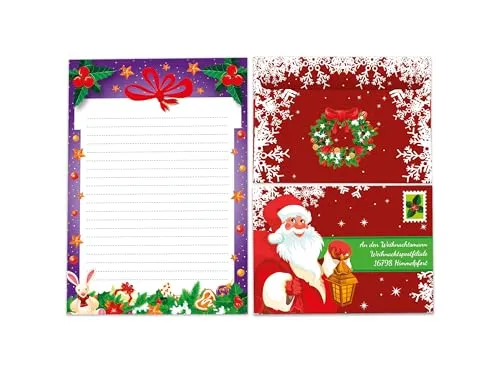 Briefpapier-Set A5 Geschenk lila Schreibblock liniert mit Umschlag Motiv Weihnachten Wichtelgeschenk für Kinder (1 Block A5 mit 25 Blättern + 15 bunt bedruckte Kuverts