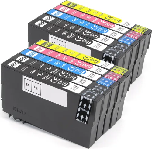 OBV 10x kompatible Tinte für Epson 405XL - Druckerpatronen für Epson Workforce Pro WF-3820, 10 Stück in schwarz, cyan, magenta und gelb, hohe Seitenkapazität von je 1100 Seiten, ideal für kosteneffizientes Drucken.