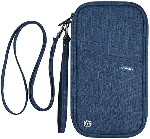 RFID Blocker Familie Reisepass Brieftasche, Reisepass Dokumenten Organizer mit Zwei Abnehmbaren Trägern für Männer Frauen(Blue)