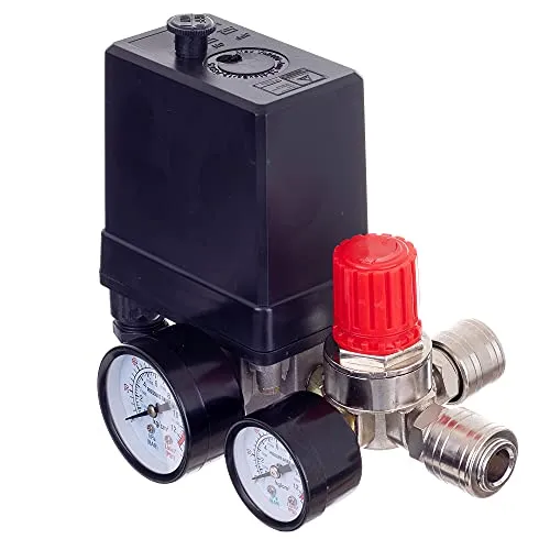Druckregler 400 V mit Druckschalter und 2 Messanzeigen - Luftkompressoren-Zubehör mit automatischer Abschaltung und einstellbarem Druckniveau bis 12 bar für höchste Sicherheit und Zuverlässigkeit.